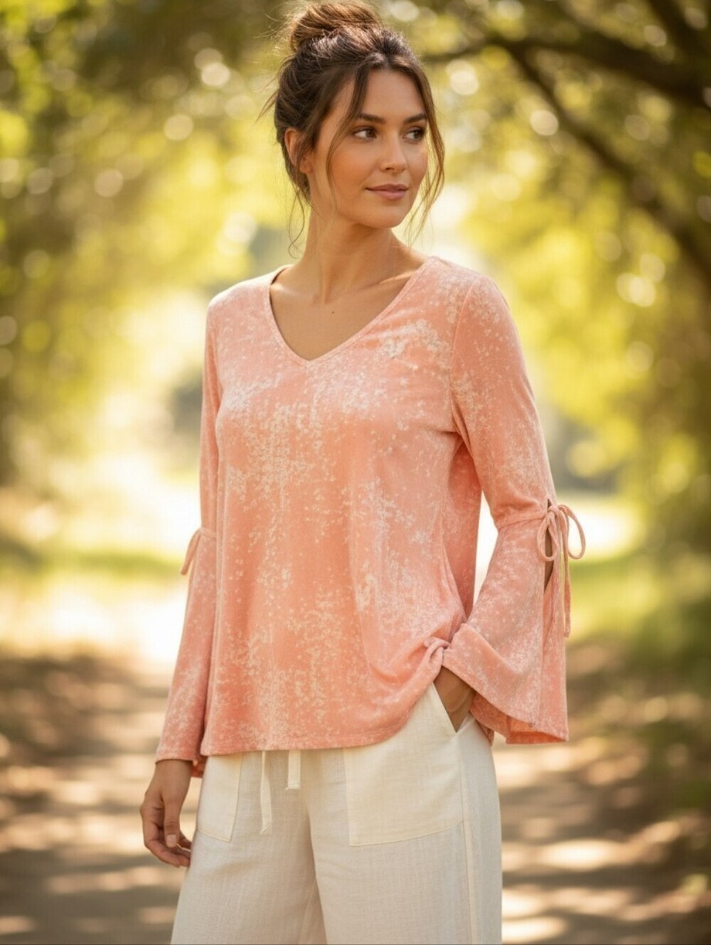 Pastel Peach Pink Print Longsleeve Top with Tie Sleeves Detail, Size S
